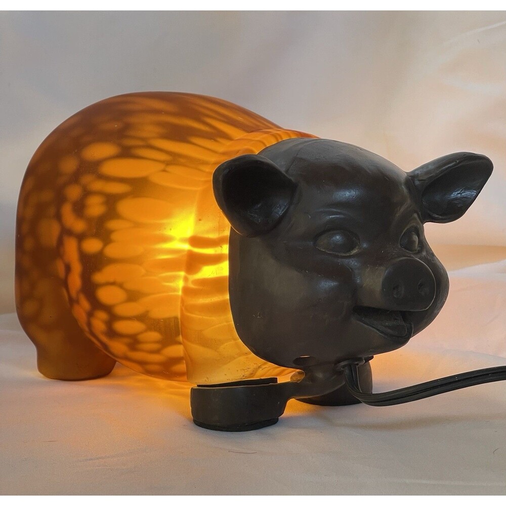 VTG Tin Chi Pig Night Light Lamp Mottled Amber Art Glass Bronze Andrea Sadek Stl